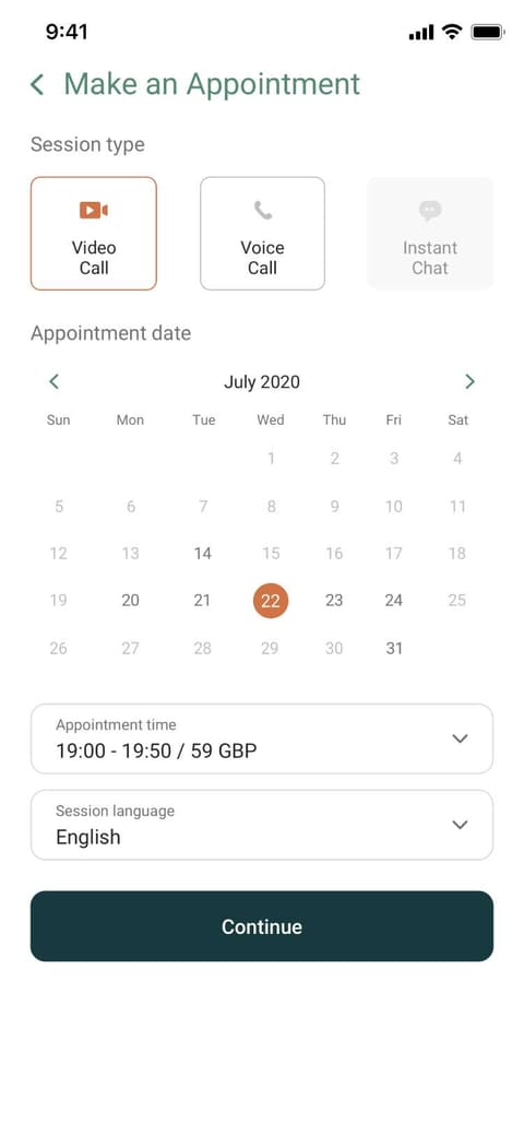 Therappy app screen for booking a session: call type, calendar, time slot and language