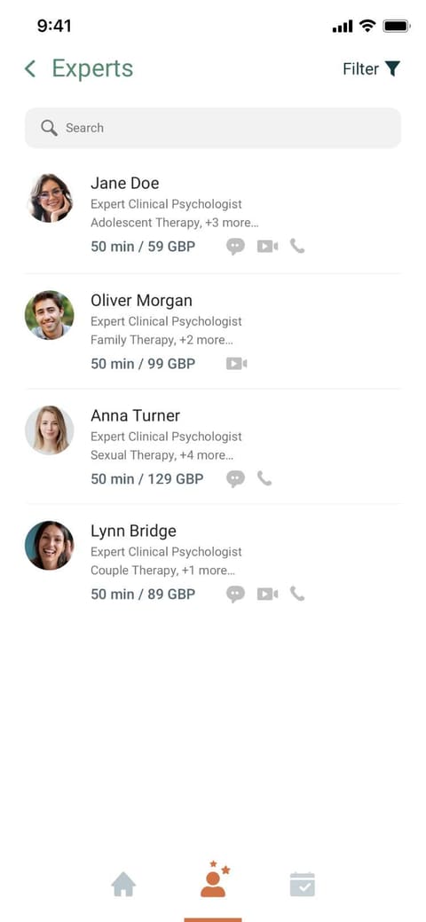 Therappy app screen listing counsellors with their specialisms, session length and price